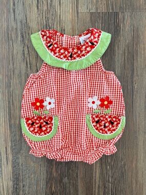 Baby Okie Dokie Red White Gingham Watermelon Bubble Romper 0-3 Mos Embroidered